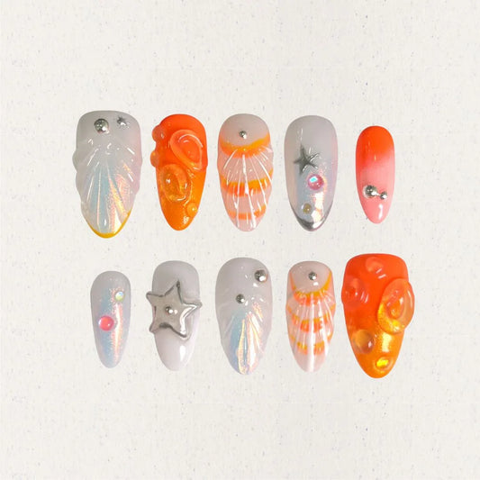  Coral Sunset Sparkle showcases coral and orange hues with 3D bubble accents and metallic star details, perfect for a vibrant and cheerful look.