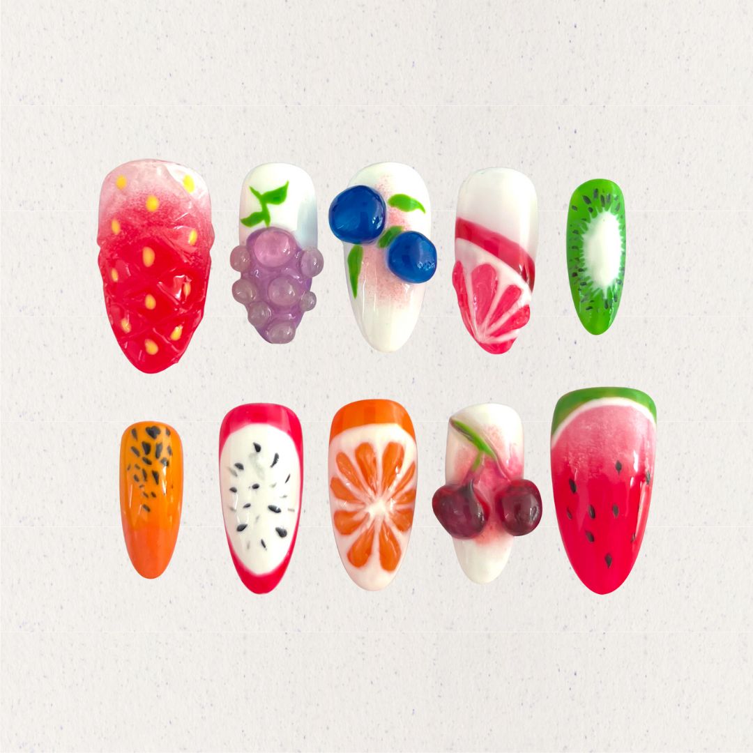 Fresh Fruit Paradise displays detailed fruit patterns, from strawberries to kiwis, on a glossy finish for a playful and colorful style.