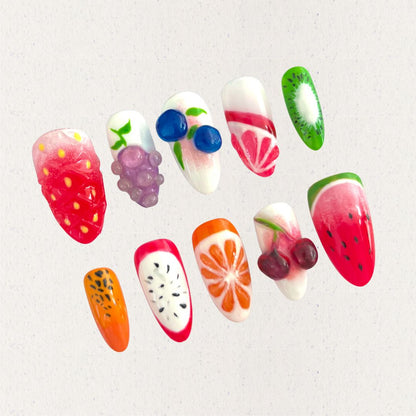 Fresh Fruit Paradise displays detailed fruit patterns, from strawberries to kiwis, on a glossy finish for a playful and colorful style.