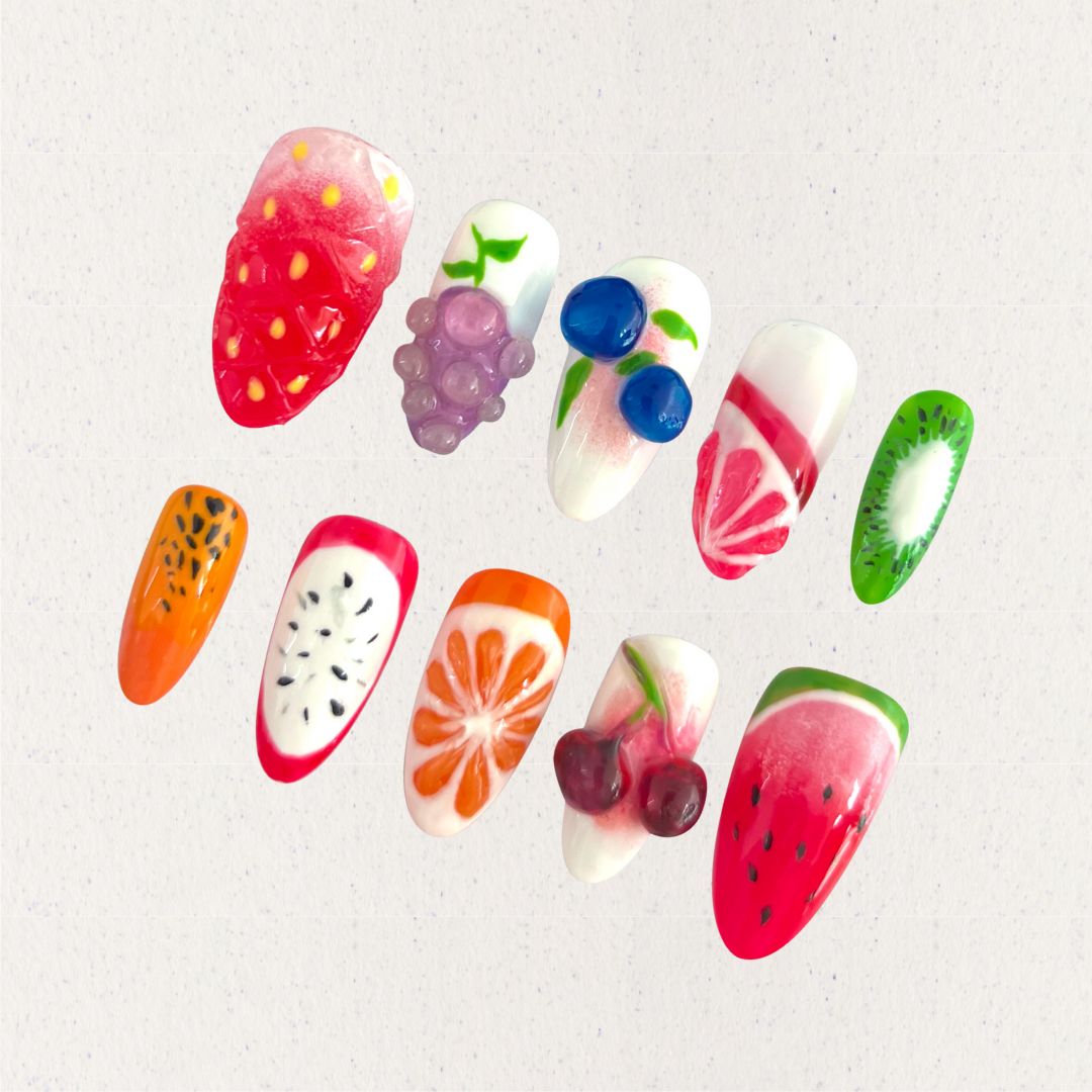 Fresh Fruit Paradise displays detailed fruit patterns, from strawberries to kiwis, on a glossy finish for a playful and colorful style.