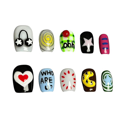 A press-on nail set with pop-art-inspired graphics, playful text, and colorful abstract designs, offering a bold and expressive style.