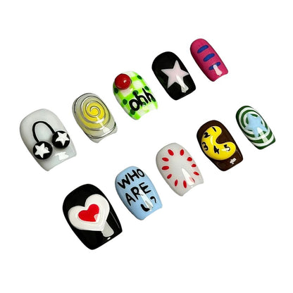 A press-on nail set with pop-art-inspired graphics, playful text, and colorful abstract designs, offering a bold and expressive style.