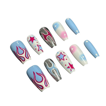 A press-on nail set featuring pink flames, starry designs, and pastel gradients with shimmering silver accents, creating a vibrant and edgy cosmic aesthetic.