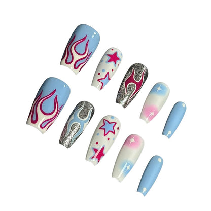 A press-on nail set featuring pink flames, starry designs, and pastel gradients with shimmering silver accents, creating a vibrant and edgy cosmic aesthetic.