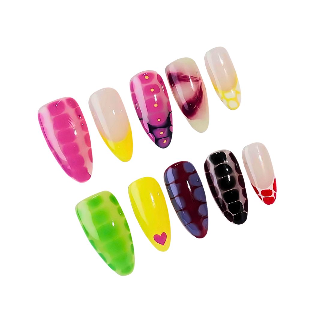 A press-on nail set featuring vibrant snake-skin-inspired patterns in pink, yellow, green, and maroon with glossy gradients, creating a bold and trendy design.