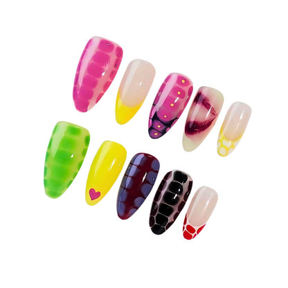 A press-on nail set featuring vibrant snake-skin-inspired patterns in pink, yellow, green, and maroon with glossy gradients, creating a bold and trendy design.