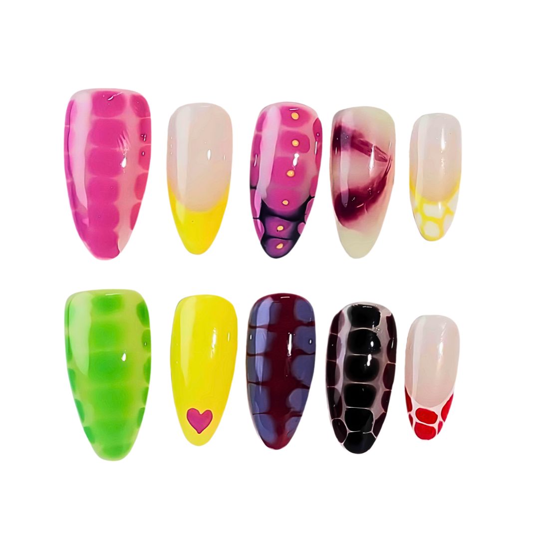 A press-on nail set featuring vibrant snake-skin-inspired patterns in pink, yellow, green, and maroon with glossy gradients, creating a bold and trendy design.