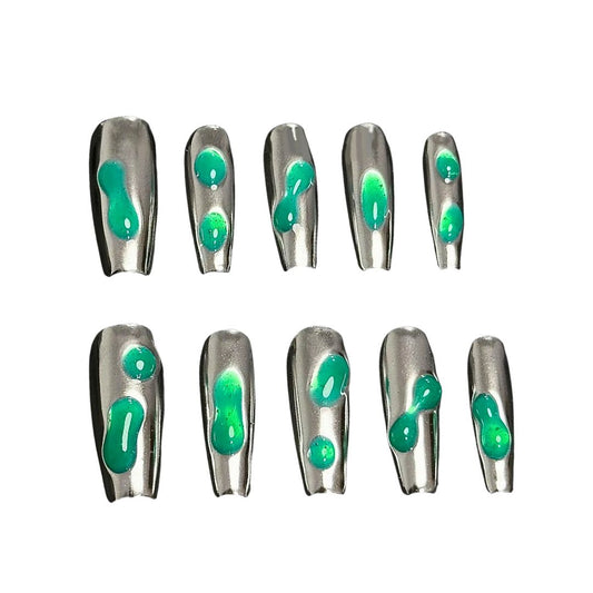 A set of metallic silver press-on nails with hand-painted green liquid-like patterns, showcasing a futuristic, high-tech nail design perfect for bold, statement-making looks.