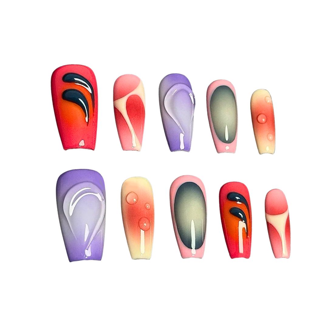 A press-on nail set featuring pink, purple, and red gradients with abstract glossy patterns and 3D droplet effects, creating a bold and artistic aesthetic.