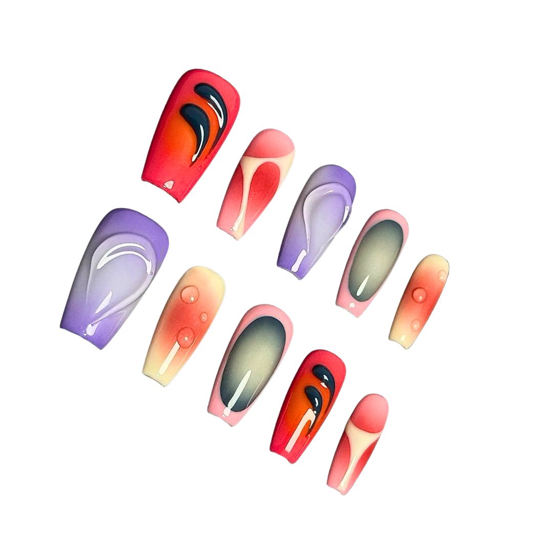 A press-on nail set featuring pink, purple, and red gradients with abstract glossy patterns and 3D droplet effects, creating a bold and artistic aesthetic.