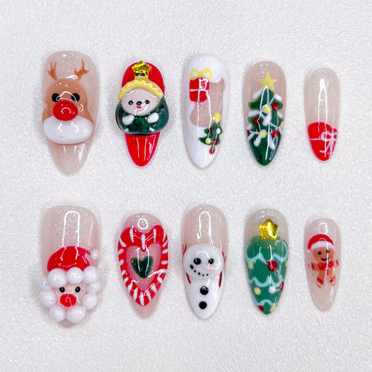 Playful Christmas press-on nails with reindeer, elf, Santa, snowman, candy cane, Christmas tree, and gift box designs.