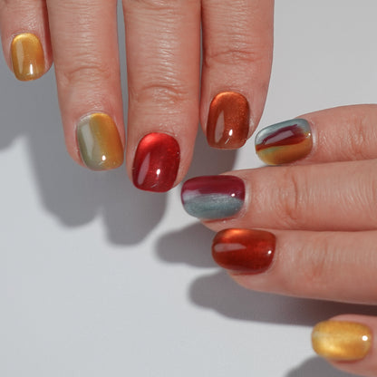 A set of press - on nails with a captivating mix of colors resembling the aurora borealis, neatly arranged in a transparent case. The nails have an iridescent, dreamy finish, ideal for making a statement at parties or creative events.