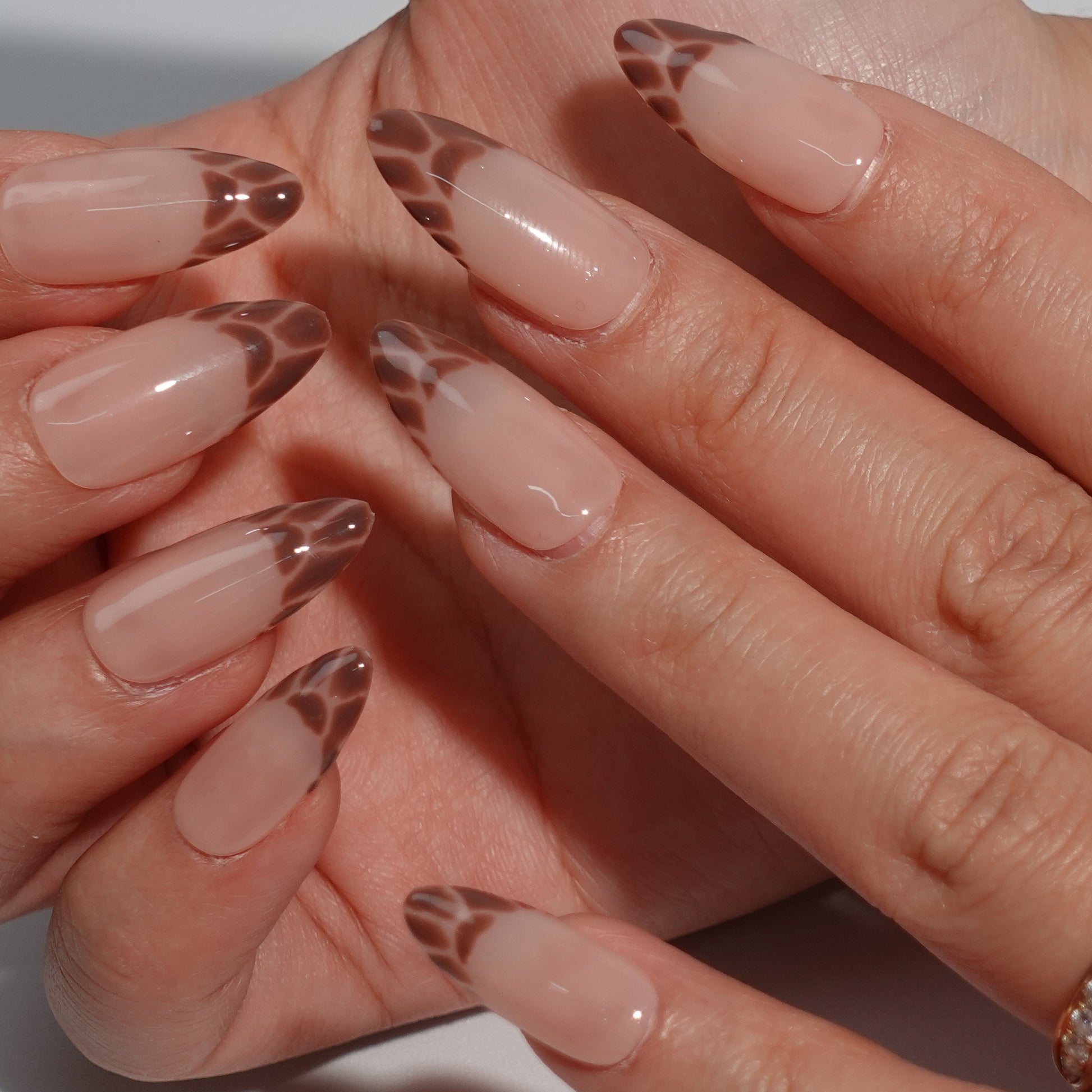 A sophisticated press-on nail set showcasing nude pink bases with deep brown French tips in a subtle leopard print pattern. This design exudes a balanced combination of chic refinement and untamed allure, ideal for adding a touch of wild charm to your look.