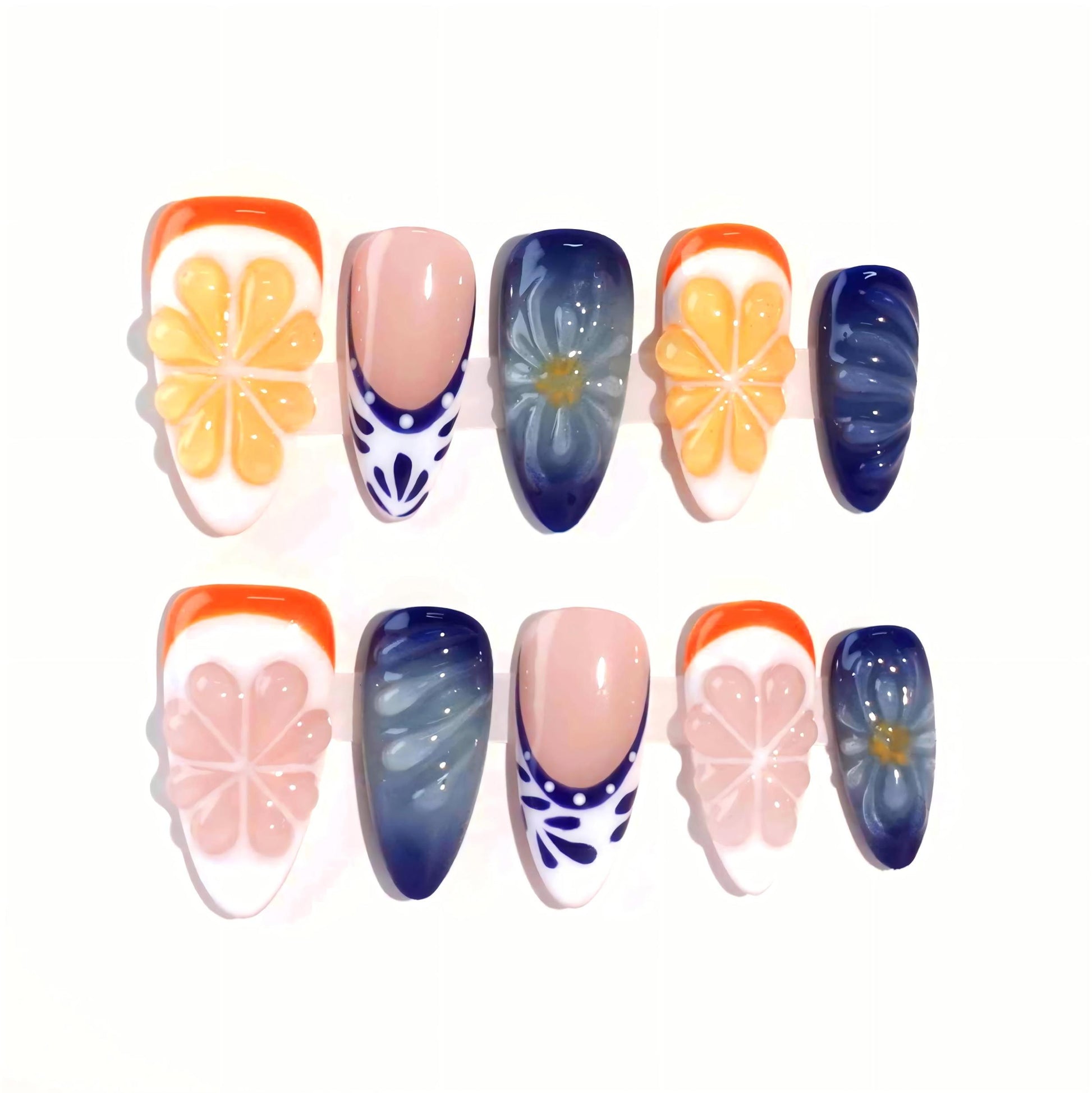 A lively set of handmade press-on nails featuring vibrant orange and pastel floral details, blended with soft blue gradients and intricate patterns. A cheerful and elegant design inspired by summer's energy and freshness.