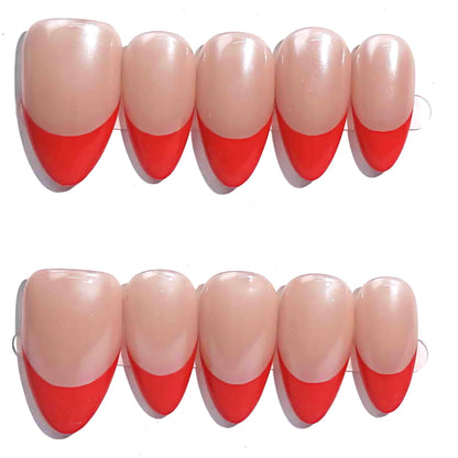 Crimson Chic nail set highlights vibrant red French tips on a neutral base, offering a timeless yet contemporary aesthetic.