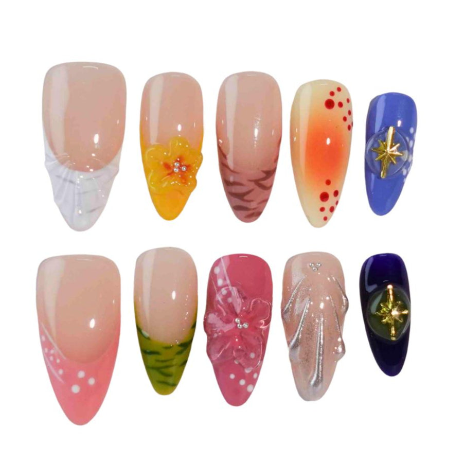 A stunning collection of press-on nails featuring intricate floral motifs, warm gradients, and elegant embellishments like gold stars and shimmer accents. Perfect for showcasing a mix of natural beauty and bold style.