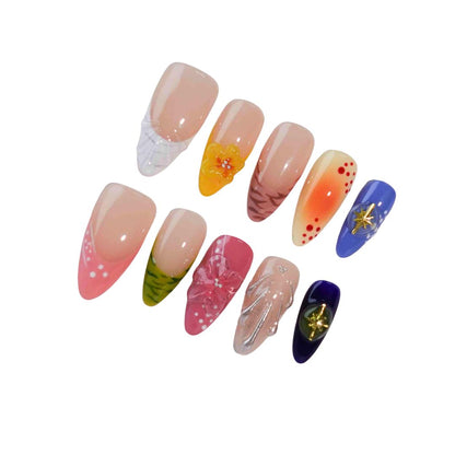 A stunning collection of press-on nails featuring intricate floral motifs, warm gradients, and elegant embellishments like gold stars and shimmer accents. Perfect for showcasing a mix of natural beauty and bold style.